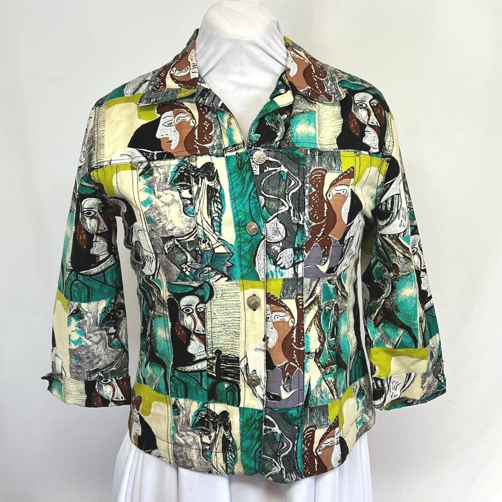 Kaktus Womens Picasso Art Print Linen Blend Button Front Jacket Teal Lime Small